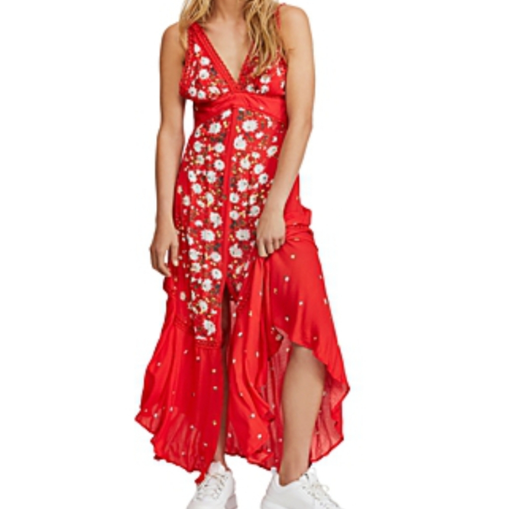 Free People Paradise Print Red Maxi Dress Sm NWT - Picture 9 of 13